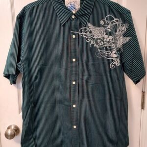 Machine MK Green Black Striped Button Up Short Sleeve Shirt XL